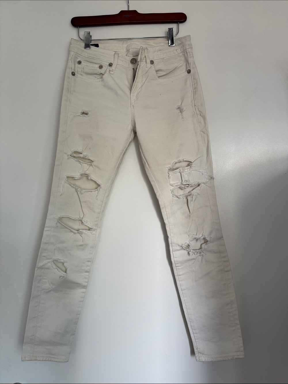 R13 Cream Distressed Skinny Jeans